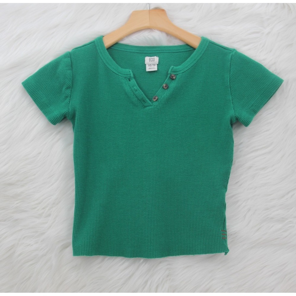 BDG Urban Outfitters Womens XS Green Waffle Cropped Button Detail S/S Top #1334